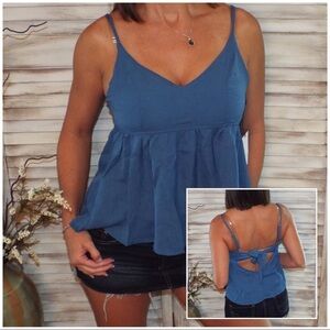 Peplum Tie Back V-Neck Spaghetti Strap Blue 1518
